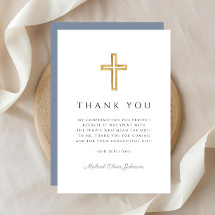 Tarjeta De Agradecimiento Elegante Cruz Religiosa de Confirmación en Azul Po