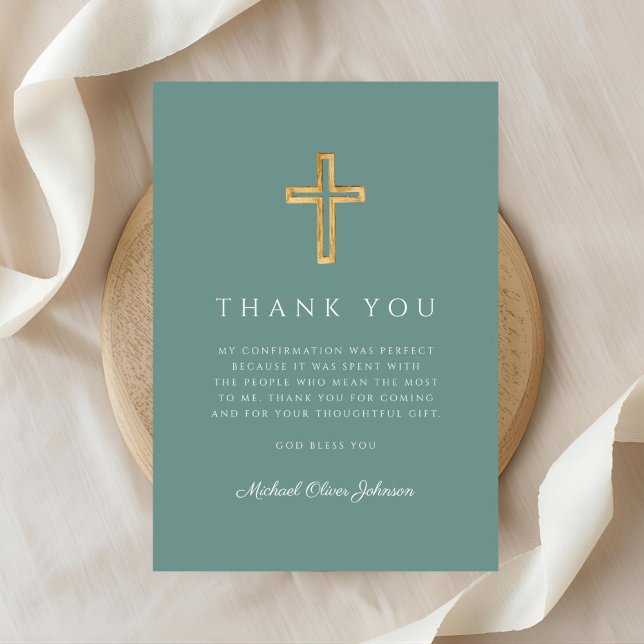 Tarjeta De Agradecimiento Elegante Cruz Religiosa Verde Bpy Confirmación (Elegant Green Religious Cross Bpy Confirmation Thank You Card)