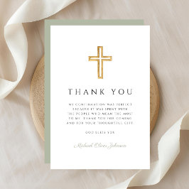 Tarjeta De Agradecimiento Elegante Cruz Religiosa Verde Salvia Confirmación