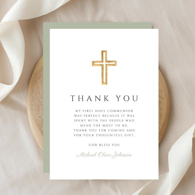 Tarjeta De Agradecimiento Elegante Cruz Religiosa Verde Salvia Primera Comun (Elegant Sage Green Religious Cross First Communion Thank You Card)