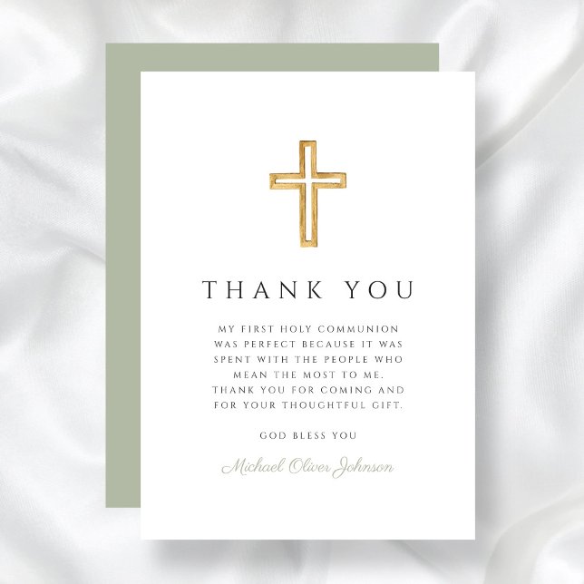 Tarjeta De Agradecimiento Elegante Cruz Religiosa Verde Salvia Primera Comun (Elegant Sage Green Religious Cross First Communion Thank You Card)