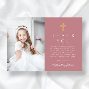 Tarjeta De Agradecimiento Elegante Cruz Rosa Foto de Niña Primera Comunión