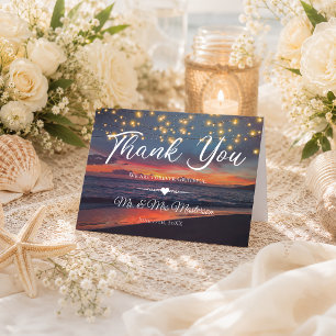 Tarjeta De Agradecimiento Elegante cuerda de playa de Sunset iluminan Boda d