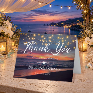 Tarjeta De Agradecimiento Elegante cuerda de playa de Sunset iluminan Boda d