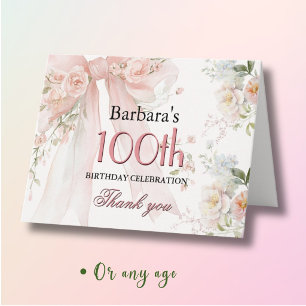 Tarjeta De Agradecimiento Elegante cumpleaños 100 años con lazo rosa floral