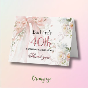 Tarjeta De Agradecimiento Elegante Cumpleaños 40 Floral Rosa Acuarela con La