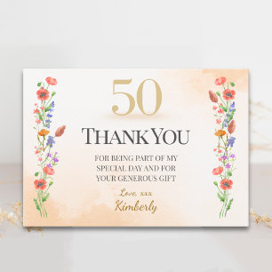 Tarjeta De Agradecimiento Elegante cumpleaños 50 – Diseño de flores silvestr