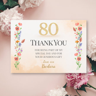 Tarjeta De Agradecimiento Elegante cumpleaños 80 - flores silvestres de 80 a