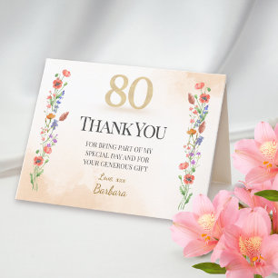 Tarjeta De Agradecimiento Elegante cumpleaños 80 - flores silvestres de 80 a