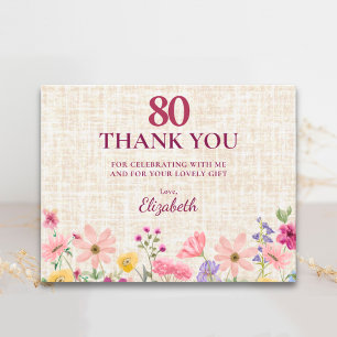Tarjeta De Agradecimiento Elegante cumpleaños 80 para ella - Floral de lino