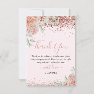 Tarjeta De Agradecimiento Elegante Cumpleaños de Flores Rosa y Brillo