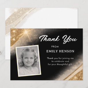 Tarjeta De Agradecimiento Elegante Cumpleaños de Foto con Brillo Dorado Negr