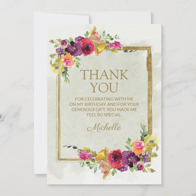 Tarjeta De Agradecimiento Elegante cumpleaños de mujeres con flores de época (Anverso)