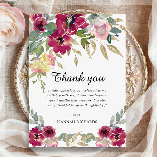 Tarjeta De Agradecimiento Elegante cumpleaños floral de oro rosado de Borgoñ