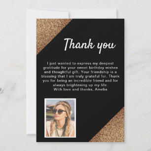 Tarjeta De Agradecimiento Elegante Cumpleaños Foto con Brillo Dorado Negro