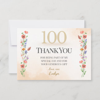 Tarjeta De Agradecimiento Elegante cumpleaños número 100 – Diseño de flores 