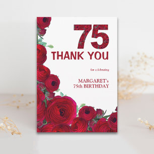 Tarjeta De Agradecimiento Elegante cumpleaños número 75 rojo floral número 7