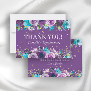 Tarjeta De Agradecimiento Elegante Cumpleaños Quinceañera Floral Azul Púrpur