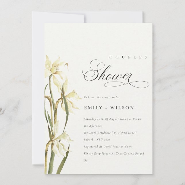 Tarjeta De Agradecimiento Elegante Cute Blanco Daffodil Parejas Ducha Invita (Anverso)