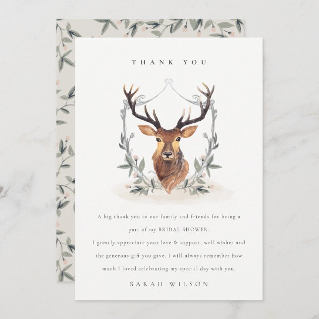 Tarjeta De Agradecimiento Elegante Cute Ciervo Floral Cresta Ducha Nupcial (Anverso / Reverso)