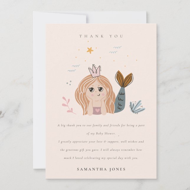 Tarjeta De Agradecimiento Elegante Cute Pequeña Sirenita de Rubor Baby Showe (Anverso)