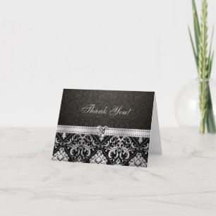 Tarjeta De Agradecimiento Elegante damasco de plata y negro con corazón de d