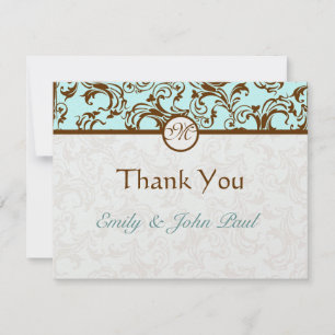 Tarjeta De Agradecimiento Elegante Damasco marrón vintage en azul Aqua Light