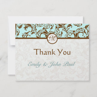 Tarjeta De Agradecimiento Elegante Damasco marrón vintage en azul Aqua Light