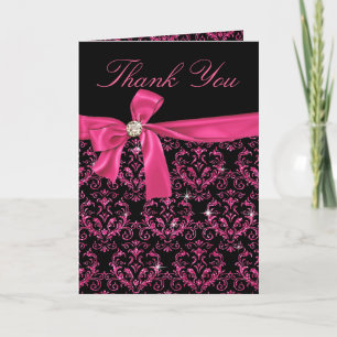 Tarjeta De Agradecimiento Elegante Damasco Rosa Negro Diamante Bow Gracias