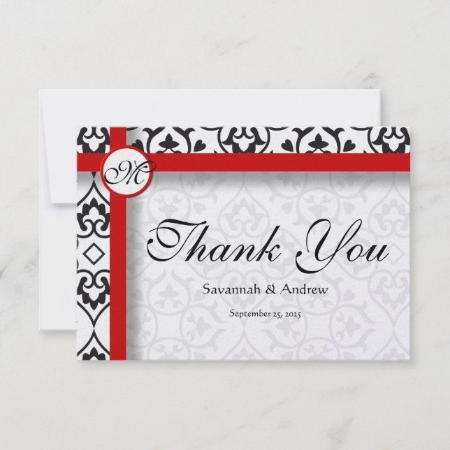 Tarjeta De Agradecimiento Elegante Damask Side Borders Red Trim Gracias (Anverso)
