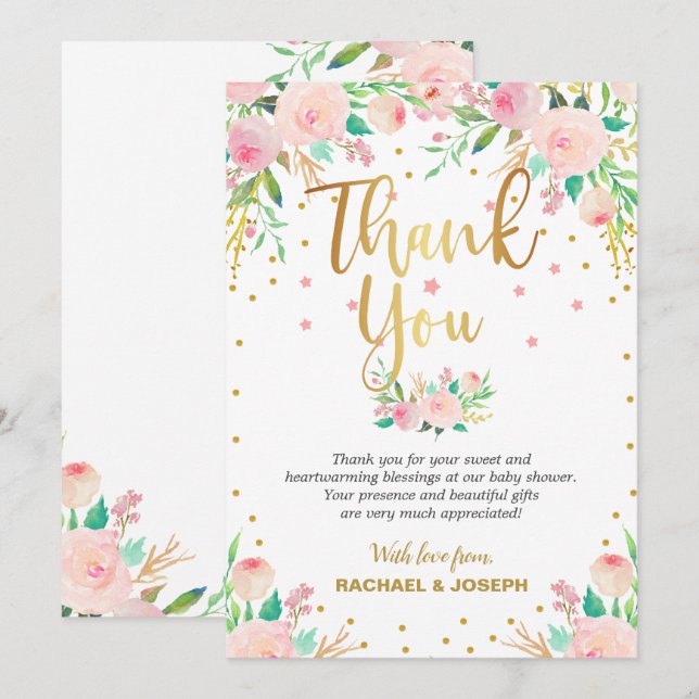 Tarjeta de agradecimiento elegante de flores rosad (Anverso / Reverso)