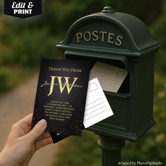 Tarjeta de agradecimiento elegante de iniciales pe (Custom Initials Elegant Black Gold Thank You Card)