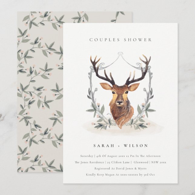 Tarjeta De Agradecimiento Elegante Deer Floral Escudo Parejas Ducha Invitaci (Anverso / Reverso)