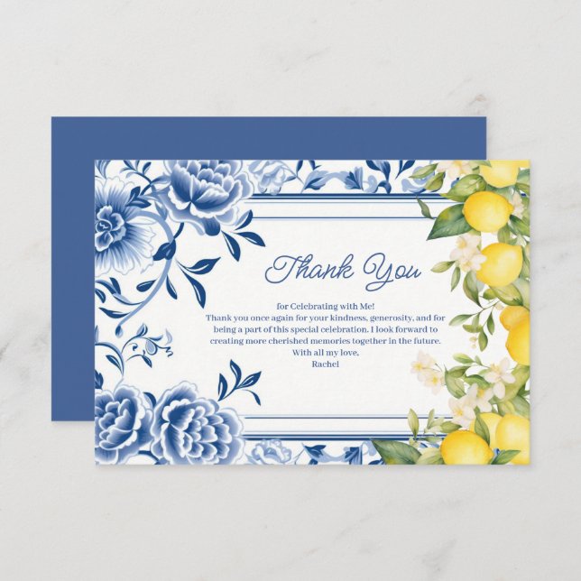 Tarjeta De Agradecimiento Elegante Desayuno Nupcial Floral Azul y Limón Amar (Anverso / Reverso)