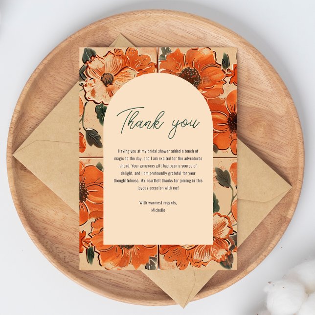 Tarjeta De Agradecimiento Elegante Despedida de Soltera Boho de Terracota (A "Thank You" card with floral borders on a wood plate, expressing gratitude for a bridal shower gif)