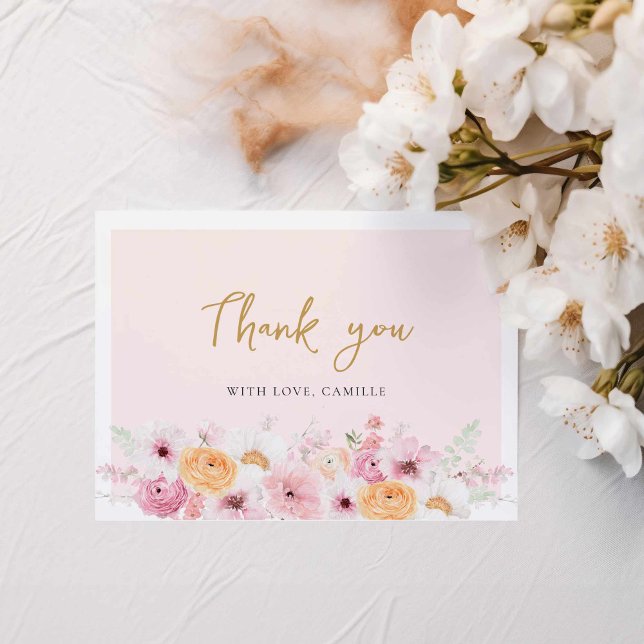 Tarjeta De Agradecimiento Elegante Despedida de Soltera Floral (Pink floral Bridal Shower Thank you card with message)