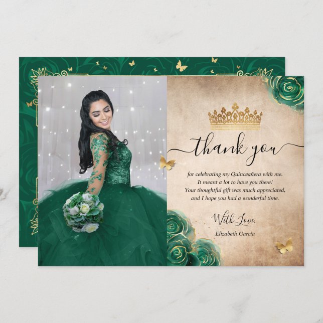 Tarjeta De Agradecimiento Elegante Día Verde y Oro de la Quinceañera (Anverso / Reverso)