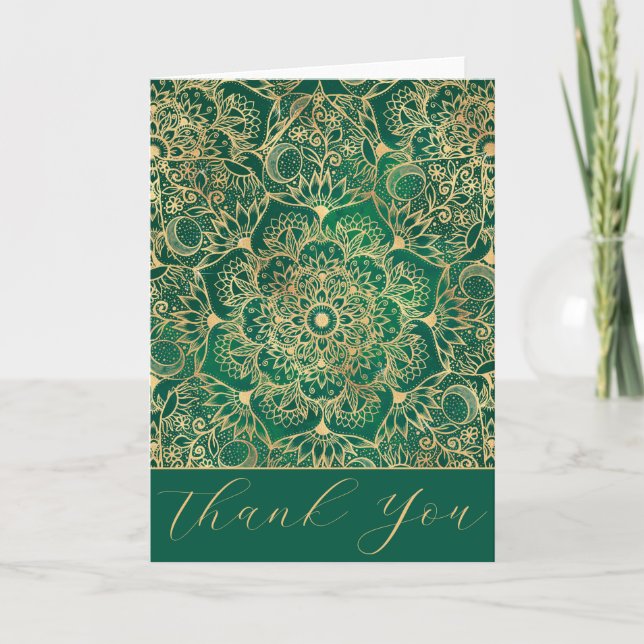 Tarjeta De Agradecimiento Elegante Dorado Floral Mandala Diseño Verde (Anverso)