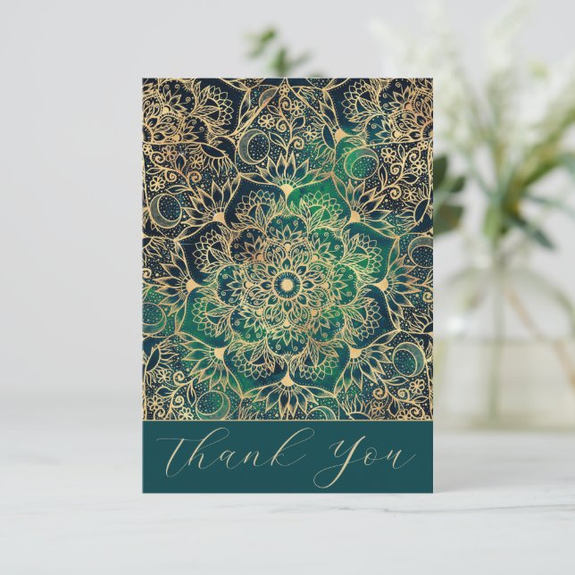 Tarjeta De Agradecimiento Elegante dorado Mandala Floral Verde Azul (Anverso de pie)
