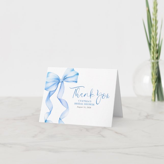 Tarjeta De Agradecimiento Elegante Ducha Azul Bow Bridal Shower Gracias (Anverso)