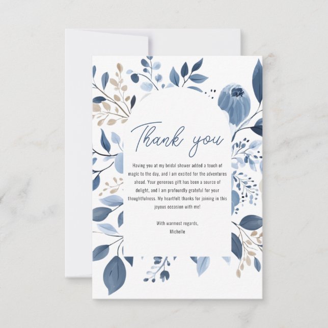 Tarjeta De Agradecimiento Elegante Ducha Azul Floral Boho Bridal Shower (Anverso)