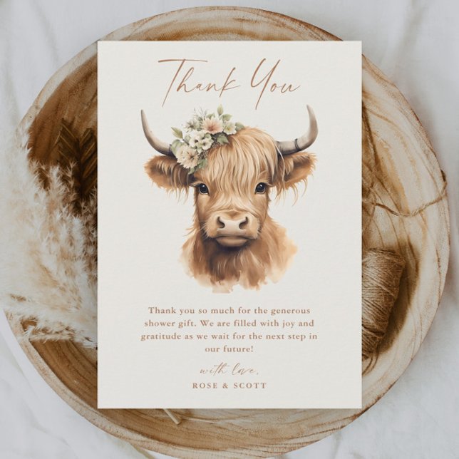 Tarjeta De Agradecimiento Elegante Ducha Bridal Boho Highland Cow (Elegant boho highland cow bridal shower thank you card.)