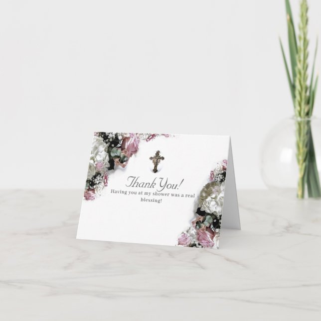 Tarjeta De Agradecimiento Elegante Ducha Bridal Católica (Anverso)