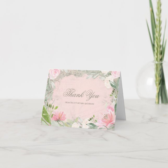 Tarjeta De Agradecimiento Elegante Ducha Bridal De Flores Rosadas Francesas  (Anverso)