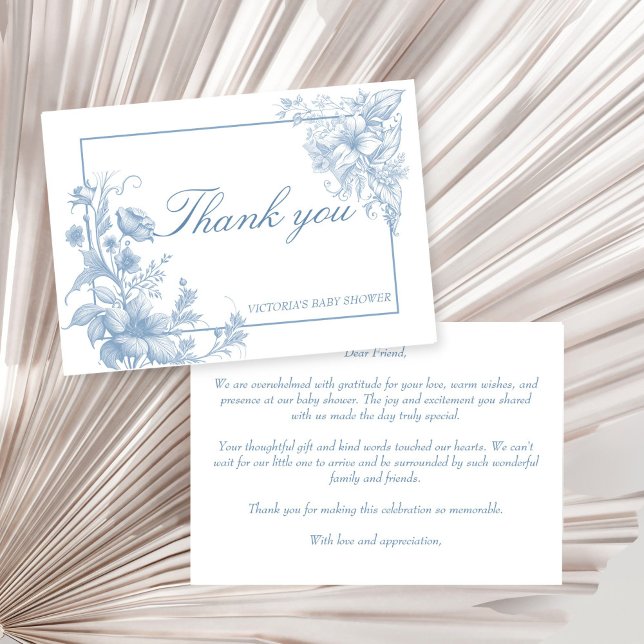 Tarjeta De Agradecimiento Elegante ducha de bebé azul polvoriento botánico (Elegant French toile botanical dusty blue baby shower thank you card boy baby shower thank you cards)