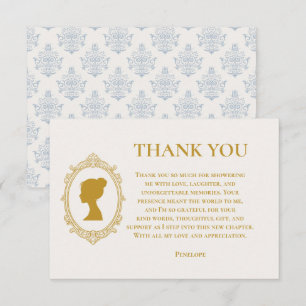 Tarjeta De Agradecimiento Elegante ducha de boda azul y dorada de damasco