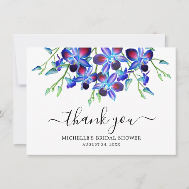 Tarjeta De Agradecimiento Elegante ducha de novia con orquídeas azules oceán (Anverso)