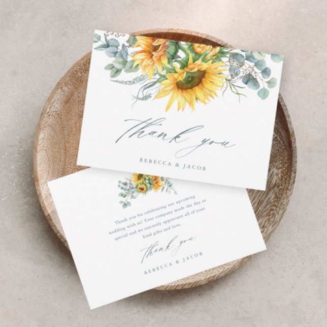 Tarjeta De Agradecimiento Elegante ducha de novia de girasol rústico (Elegant rustic sunflower eucalyptus wedding bridal shower thank you card.)