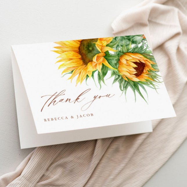 Tarjeta De Agradecimiento Elegante ducha de novia de girasol rústico (Rustic sunflower script bridal shower thank you cards.)