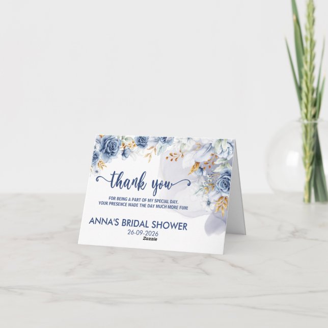 Tarjeta De Agradecimiento Elegante ducha de novia floral acuarela azul  (Reverso)